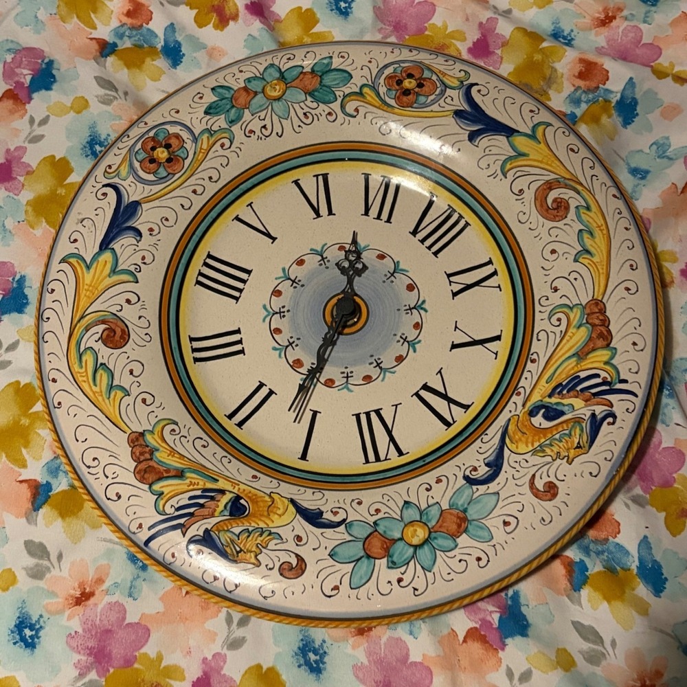 Vintage Ceramiche Umbre Spoleto Italy Hand Painted Ceramic Wall Clock Working
